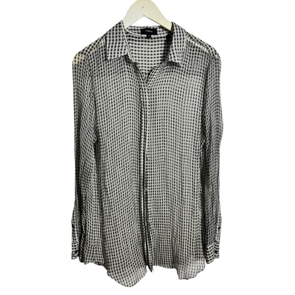 Theory Silk Gingham Button Down Blouse Women XL Black White Sheer Popover Career - Picture 1 of 8